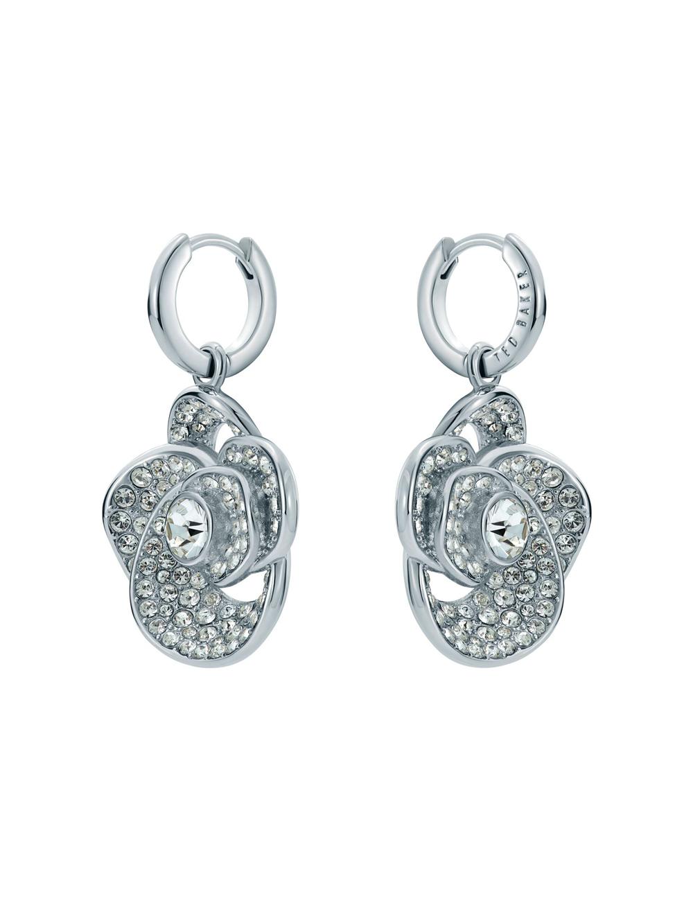 Silver Ted Baker FLORENCE - Crystal Flower Pendant Huggie Women Earrings | Canada  NAE-386120