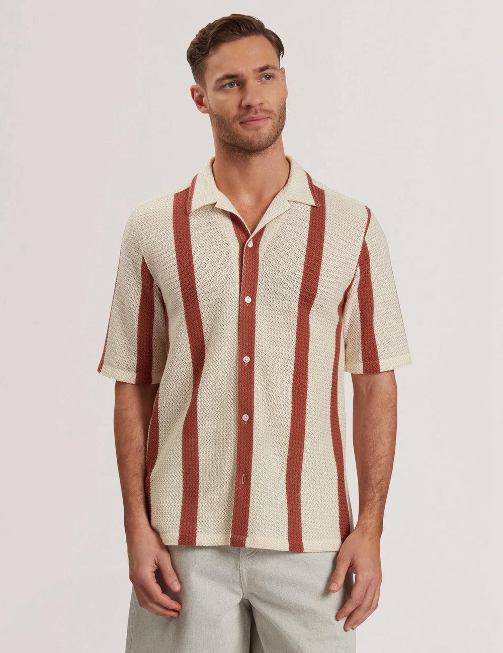 Taupe Ted Baker NIKS - Short Sleeve Stripe Crochet Oversized Men Casual Shirts | Canada  SGJ-647598