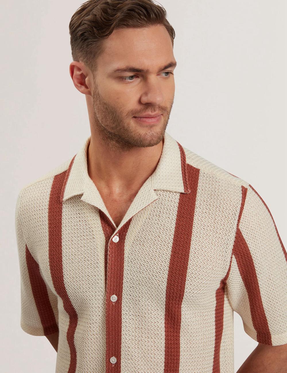 Taupe Ted Baker NIKS - Short Sleeve Stripe Crochet Oversized Men Casual Shirts | Canada  SGJ-647598