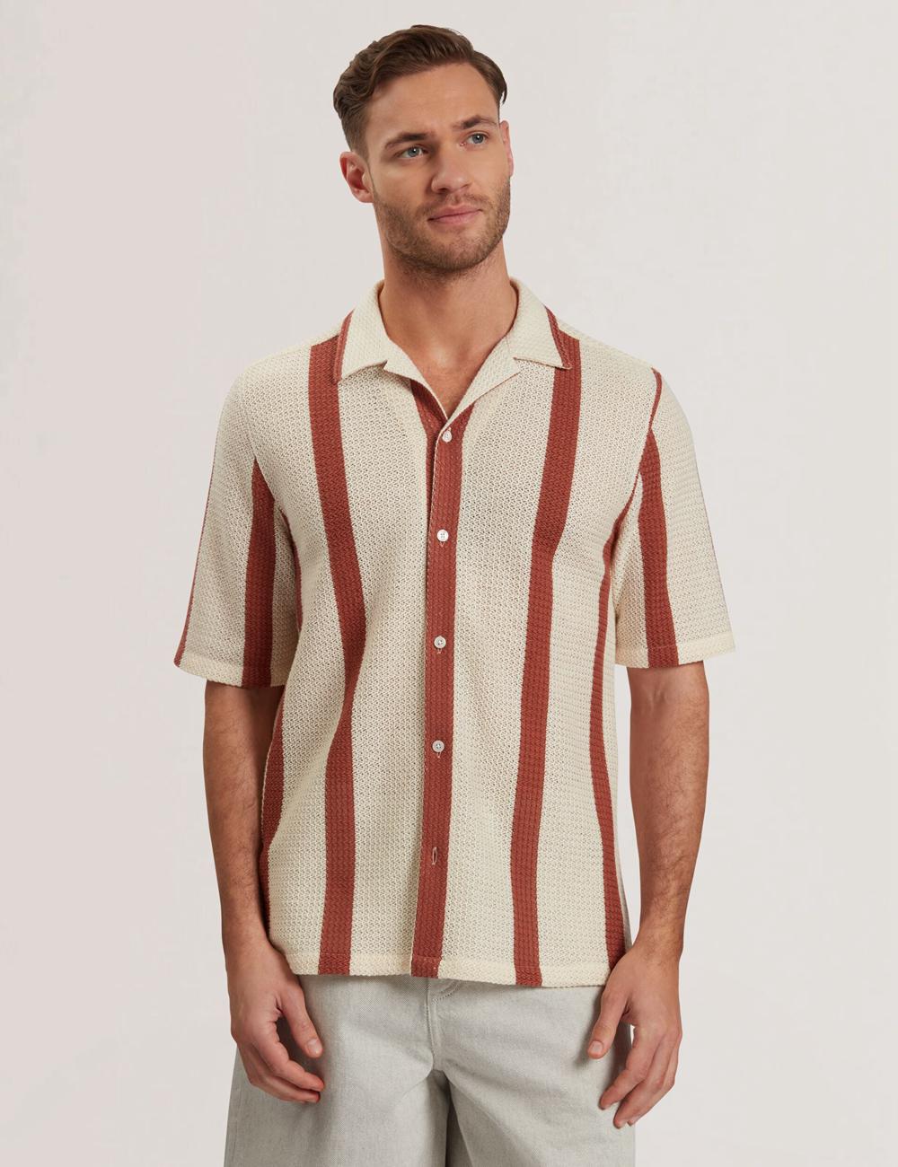 Taupe Ted Baker NIKS - Short Sleeve Stripe Crochet Oversized Men Casual Shirts | Canada  SGJ-647598
