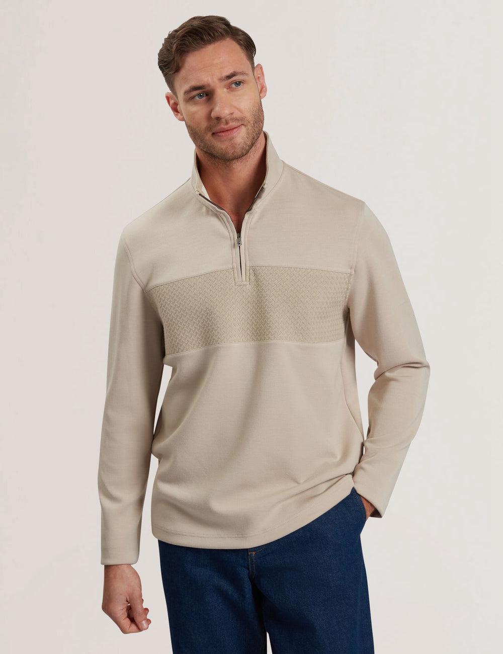 Taupe Ted Baker SIMONEA - Textured Panel Half-Zip Modal Men Sweatshirts | Canada  KFW-928653