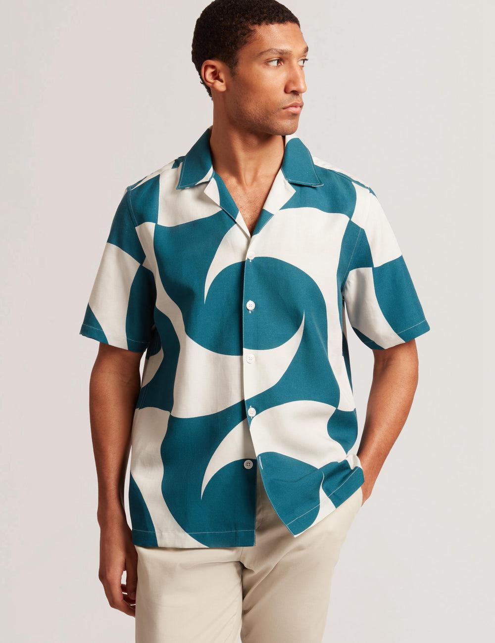 Turquoise Ted Baker ROLDAN - Short Sleeve Oversized Swirl Print Men Casual Shirts | Canada  FBX-018953