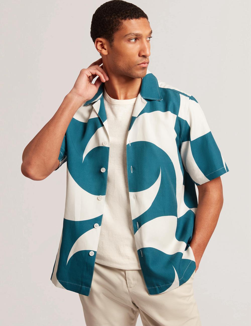 Turquoise Ted Baker ROLDAN - Short Sleeve Oversized Swirl Print Men Casual Shirts | Canada  FBX-018953