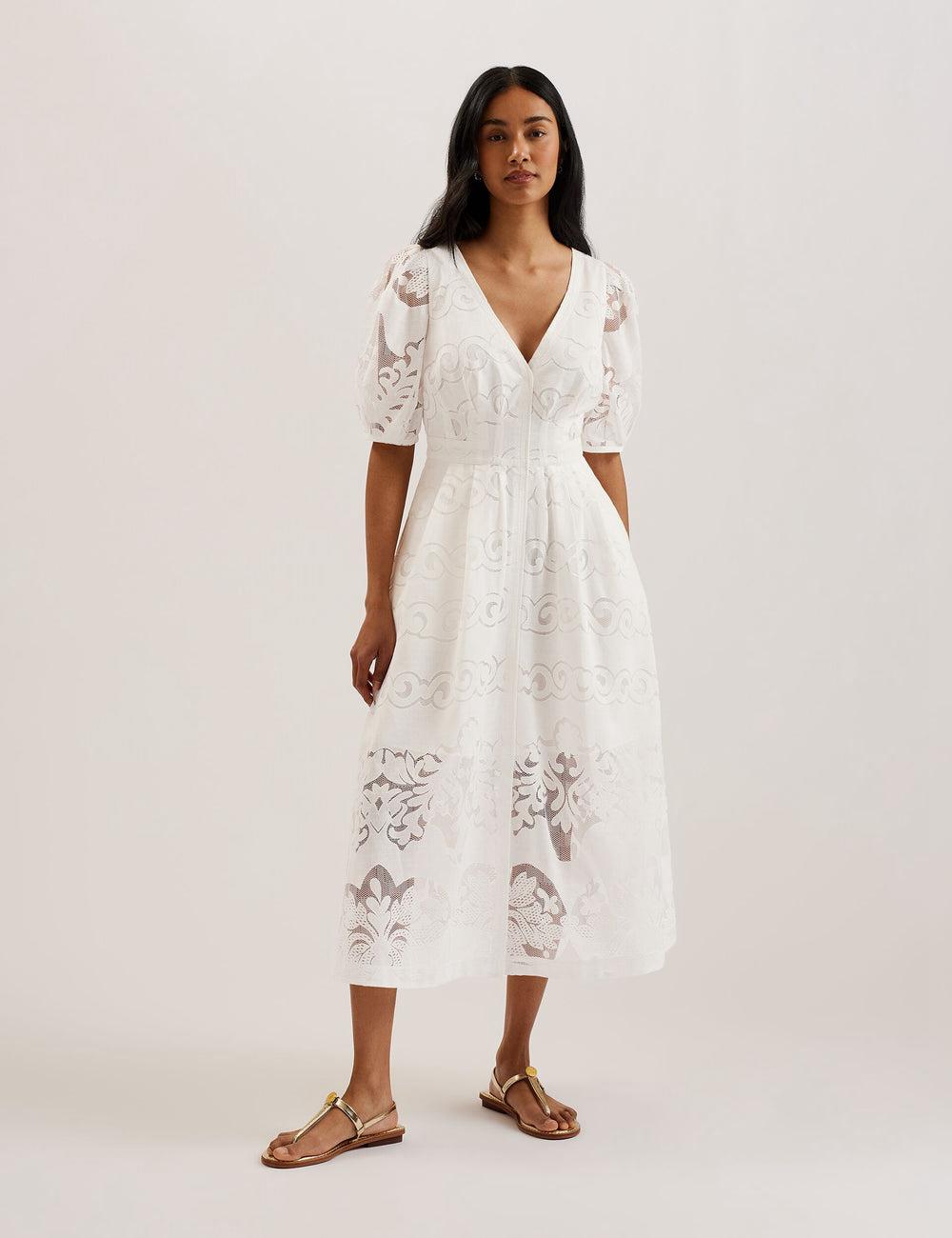 White Ted Baker AGNEL - Lace Puff Sleeve Cotton Blend Women Midi Dresses | Canada  KXD-609837