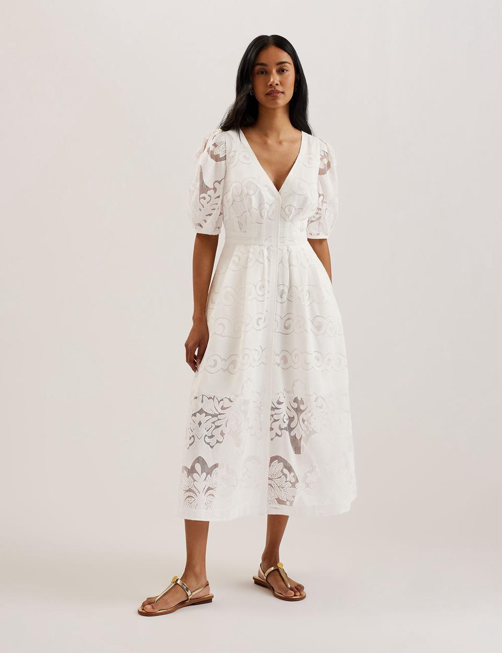 White Ted Baker AGNEL - Lace Puff Sleeve Cotton Blend Women Midi Dresses | Canada  KXD-609837