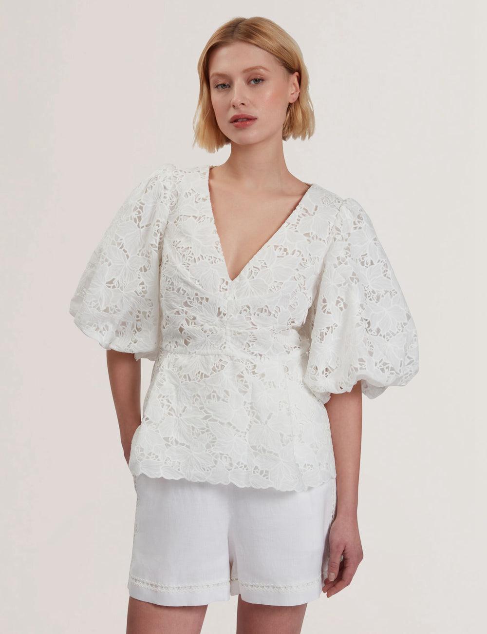 White Ted Baker ELLARI - Lace Puff Sleeve V-Neck Peplum Women Tops | Canada  YGA-097146