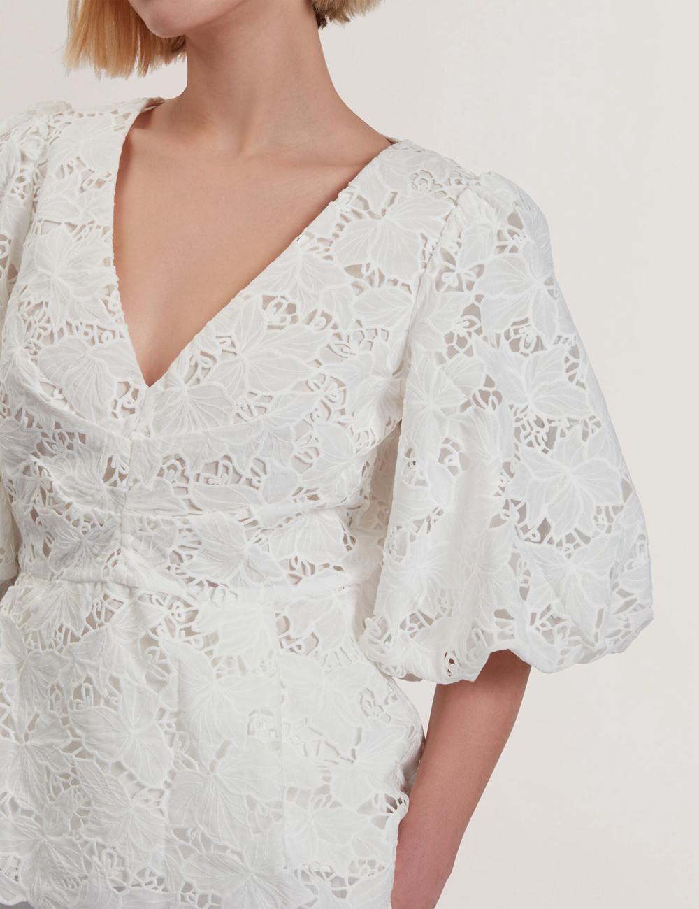 White Ted Baker ELLARI - Lace Puff Sleeve V-Neck Peplum Women Tops | Canada  YGA-097146