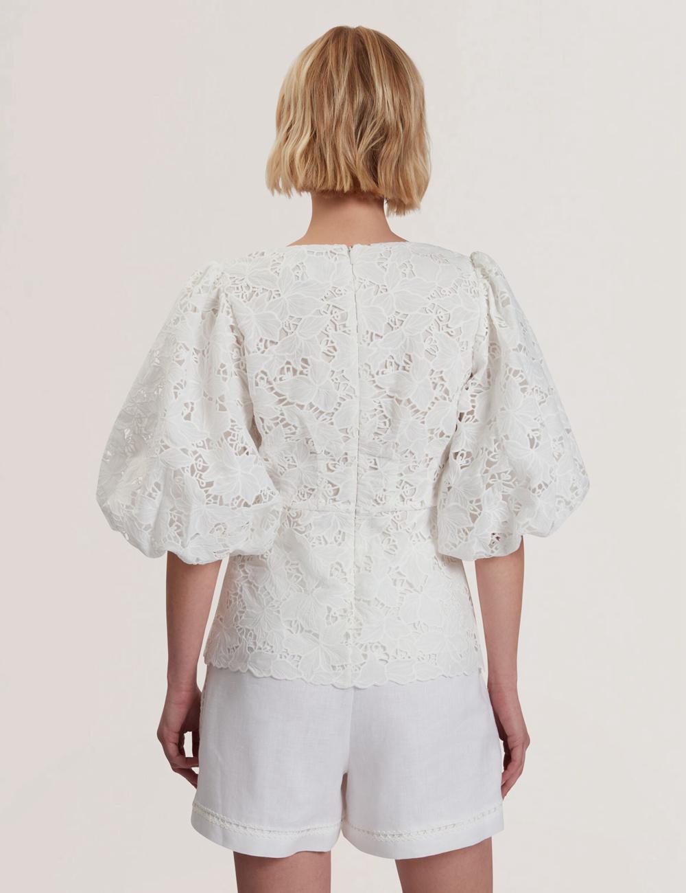 White Ted Baker ELLARI - Lace Puff Sleeve V-Neck Peplum Women Tops | Canada  YGA-097146