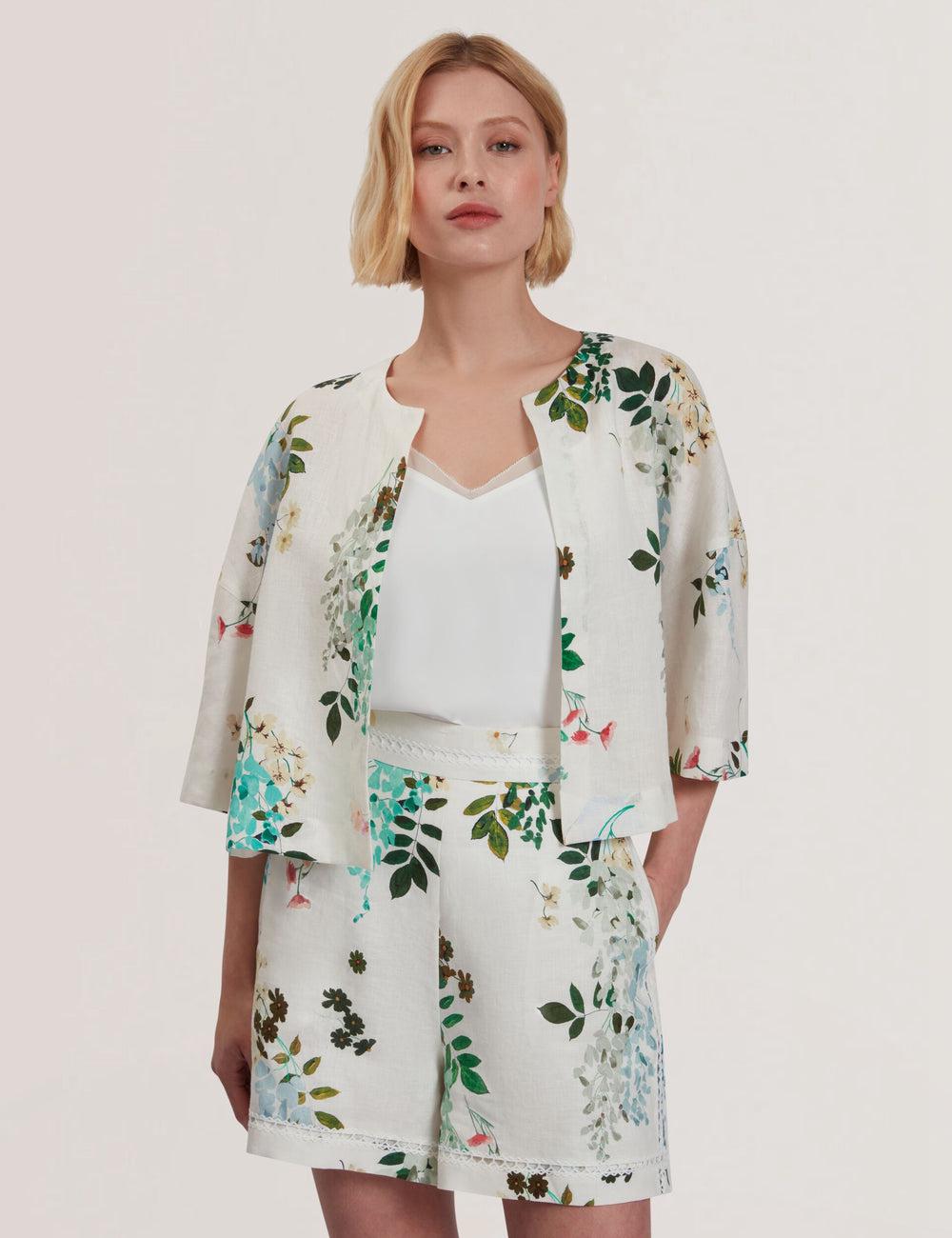 White Ted Baker KALNA - Printed Linen Short Sleeve Cropped Shirt Women Tops | Canada  FCM-812043