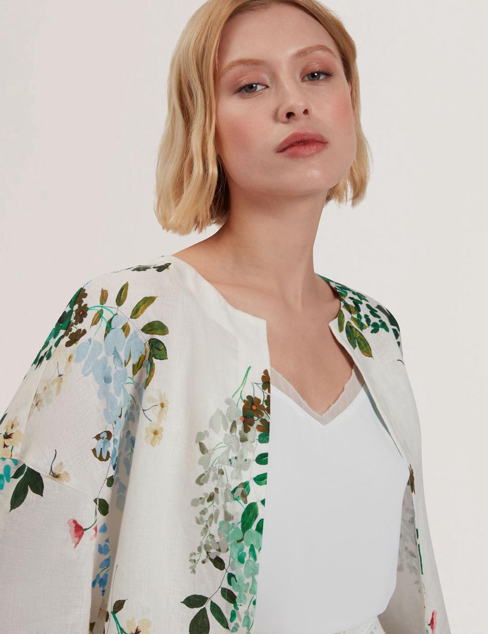 White Ted Baker KALNA - Printed Linen Short Sleeve Cropped Shirt Women Tops | Canada  FCM-812043