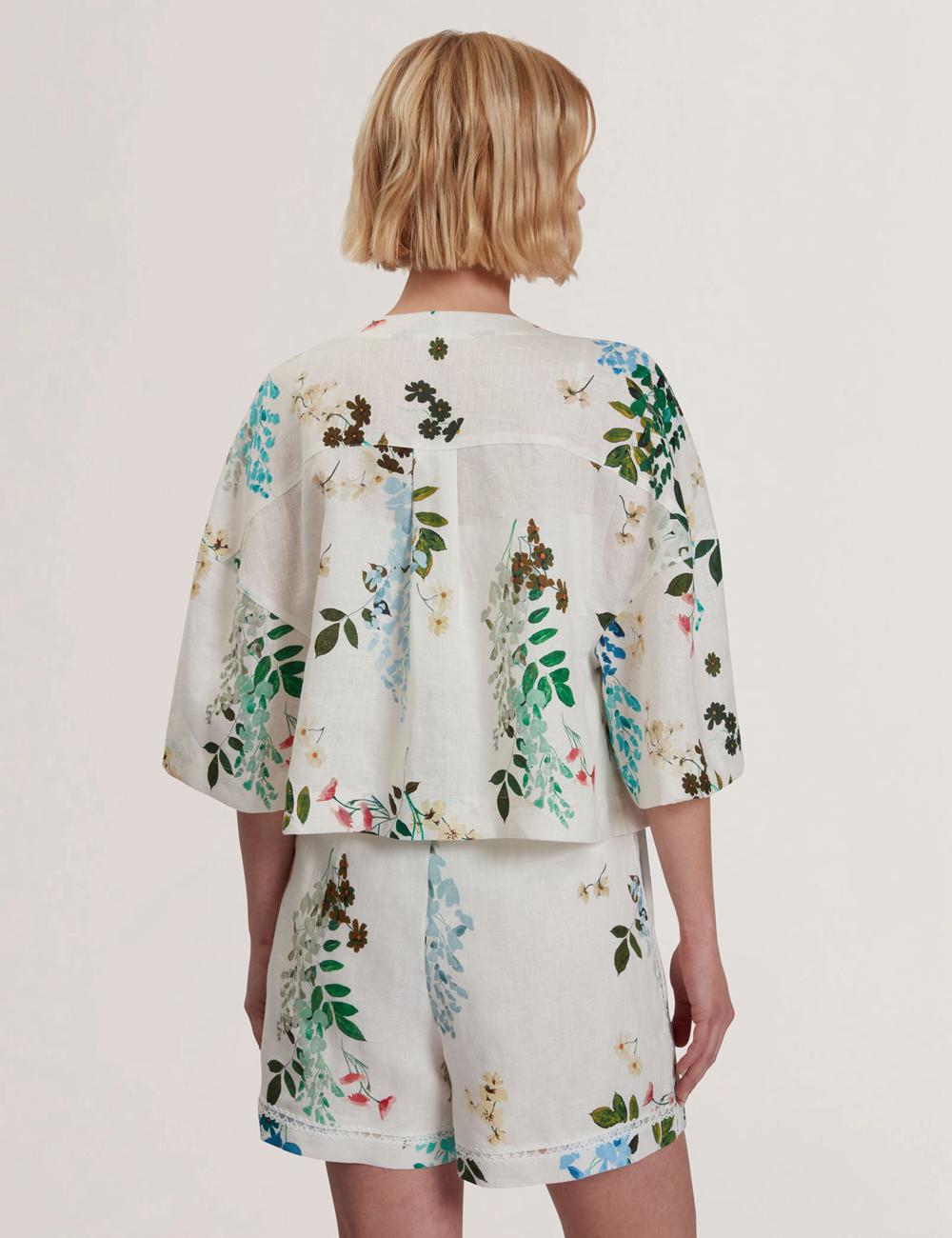 White Ted Baker KALNA - Printed Linen Short Sleeve Cropped Shirt Women Tops | Canada  FCM-812043
