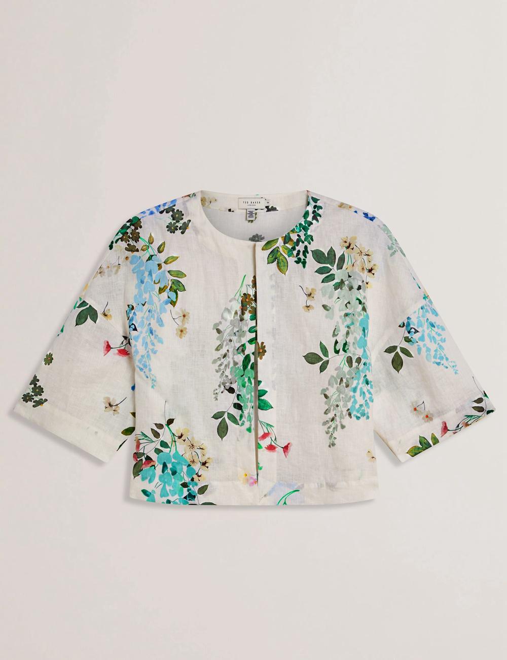 White Ted Baker KALNA - Printed Linen Short Sleeve Cropped Shirt Women Tops | Canada  FCM-812043