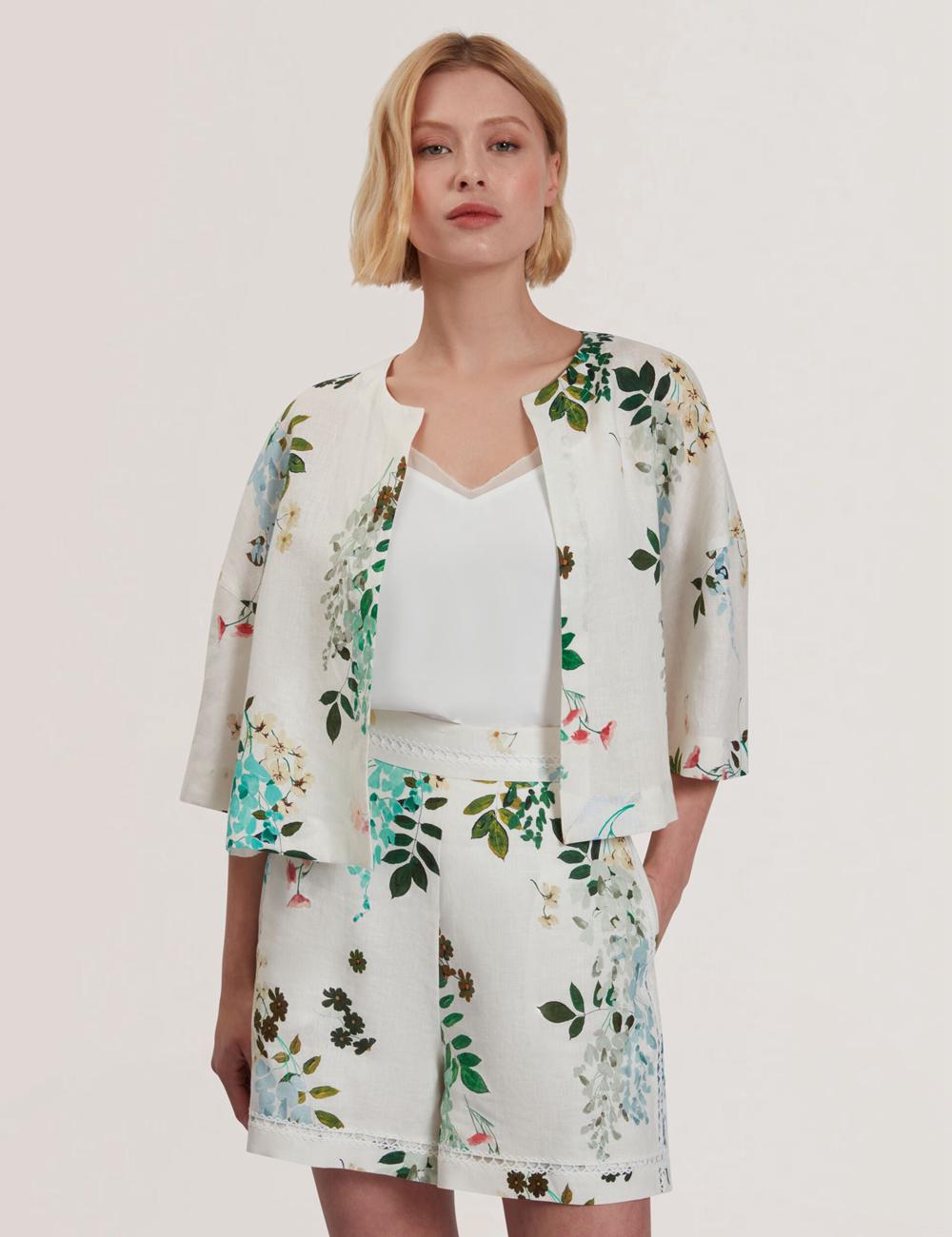 White Ted Baker KALNA - Printed Linen Short Sleeve Cropped Shirt Women Tops | Canada  FCM-812043