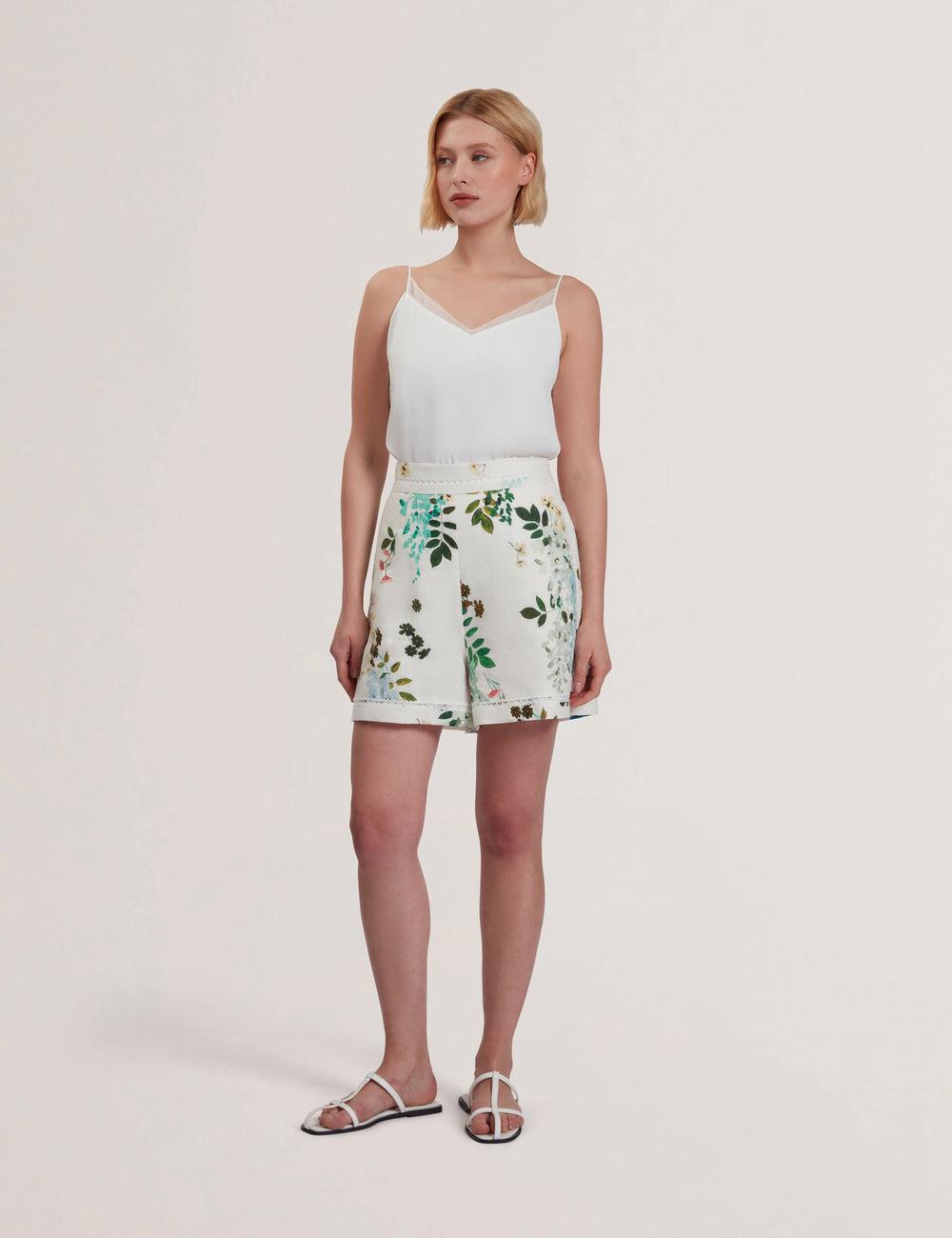 White Ted Baker VYLLA - Floral High Waist Linen With Trim Detail Women Shorts | Canada  DHC-259184