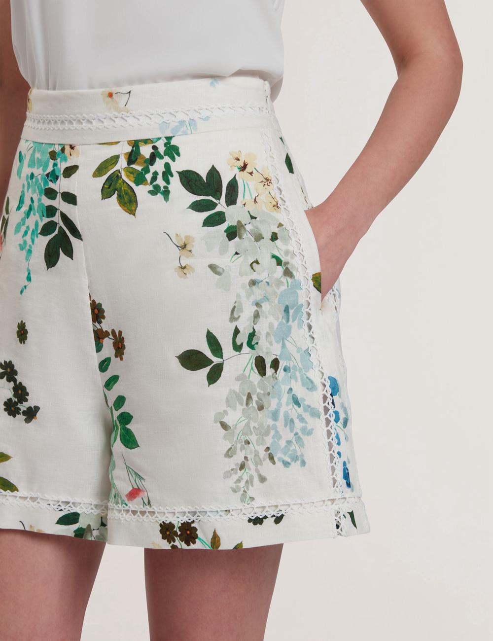 White Ted Baker VYLLA - Floral High Waist Linen With Trim Detail Women Shorts | Canada  DHC-259184