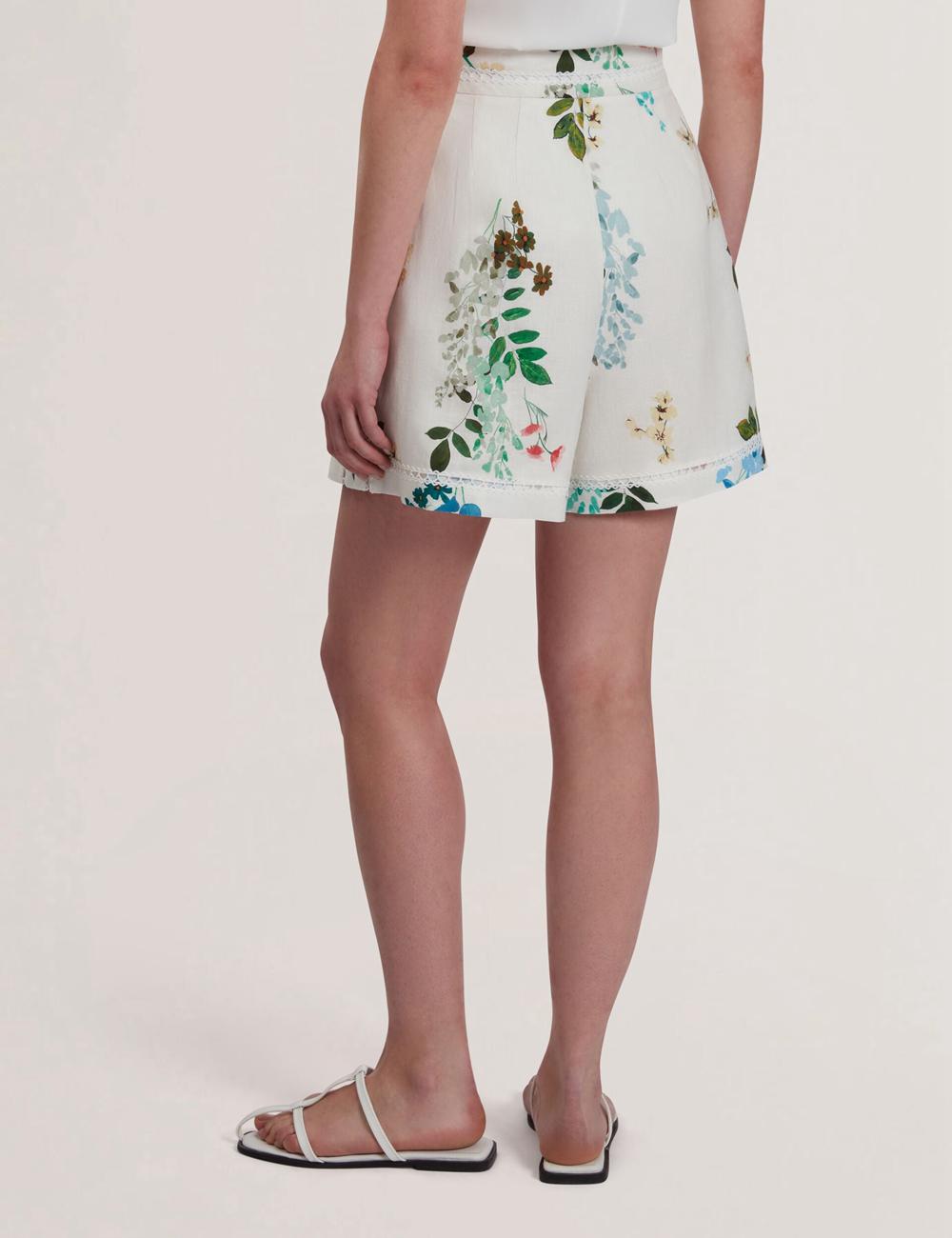 White Ted Baker VYLLA - Floral High Waist Linen With Trim Detail Women Shorts | Canada  DHC-259184