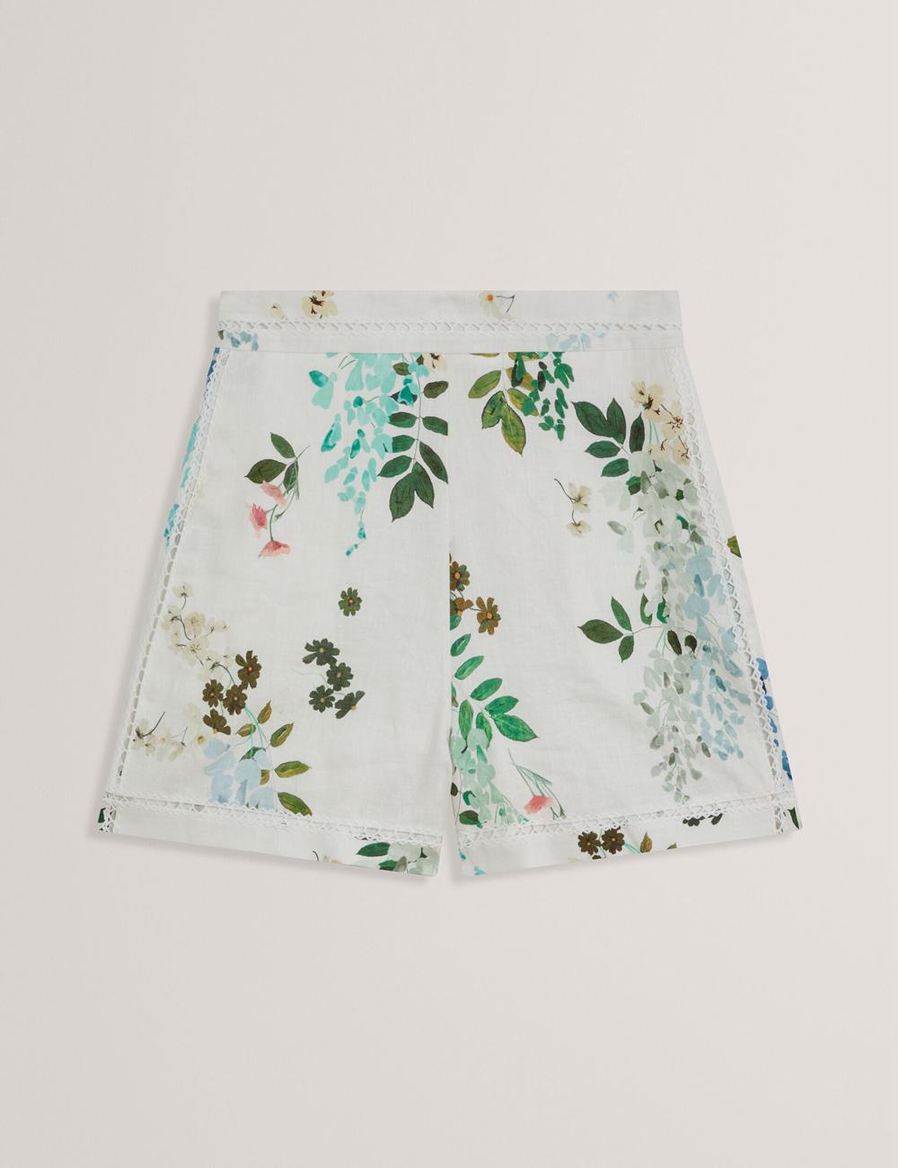 White Ted Baker VYLLA - Floral High Waist Linen With Trim Detail Women Shorts | Canada  DHC-259184